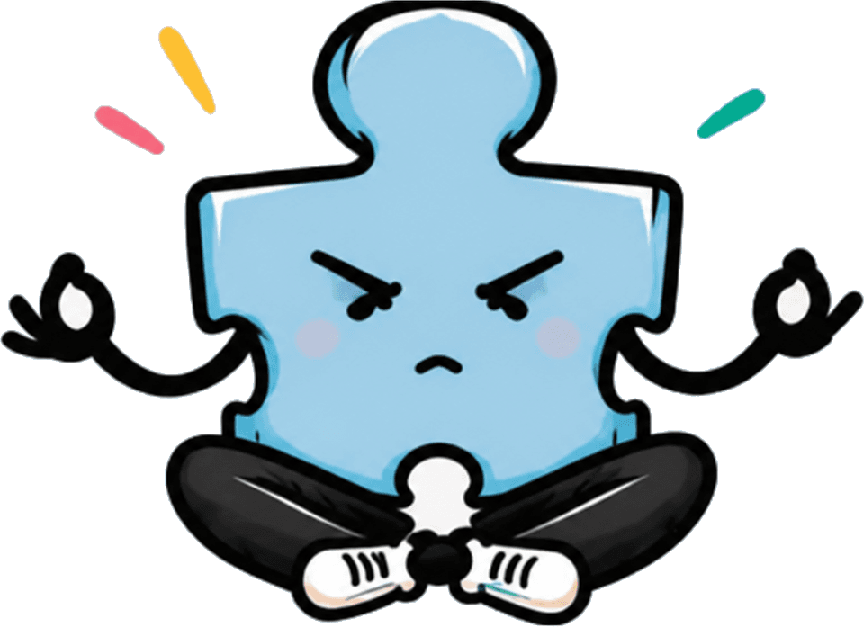 A focused blue puzzle-piece character sitting cross-legged